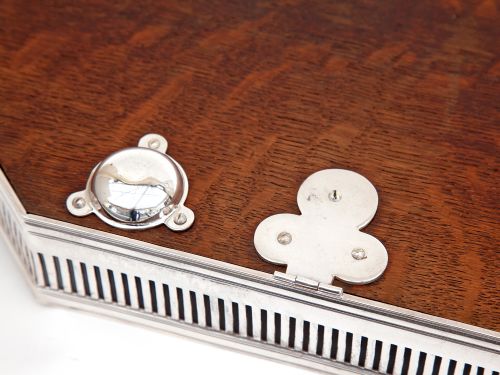 VICTORIAN CUT CORNER JOHN GRINSELL SON OAK AND SILVER PLATE GALLERY TRAY - ADDITIONAL PHOTO 3