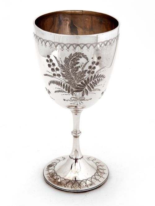victorian silver wine goblet with floral and fern scenes - CATEGORY: ANTIQUE SILVER - DATED 1870