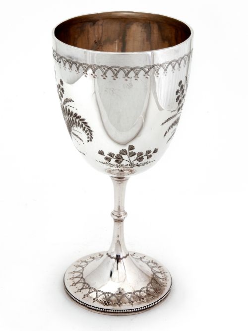 VICTORIAN SILVER WINE GOBLET WITH FLORAL AND FERN SCENES - ADDITIONAL PHOTO 2
