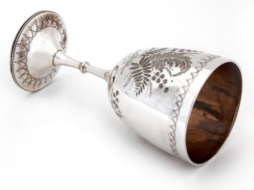 VICTORIAN SILVER WINE GOBLET WITH FLORAL AND FERN SCENES - ADDITIONAL PHOTO 3