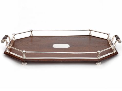 cut corner oak and silver plated tray with a double rail gallery - CATEGORY: ANTIQUE SILVER - DATED 1900