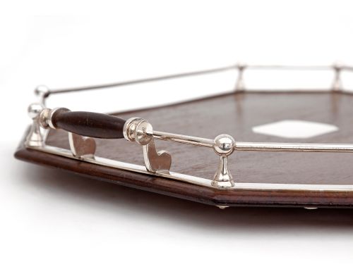 CUT CORNER OAK AND SILVER PLATED TRAY WITH A DOUBLE RAIL GALLERY - ADDITIONAL PHOTO 1
