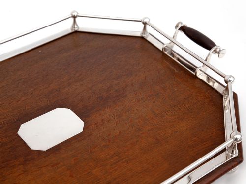 CUT CORNER OAK AND SILVER PLATED TRAY WITH A DOUBLE RAIL GALLERY - ADDITIONAL PHOTO 2