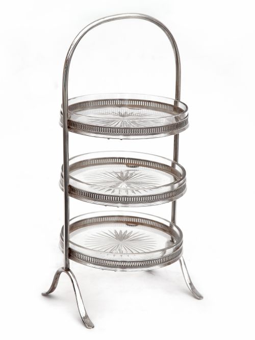 silver plated three tier cake stand with three circular clear glass dishes - CATEGORY: ANTIQUE SILVER - DATED 1930