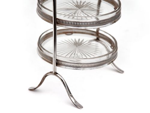 SILVER PLATED THREE TIER CAKE STAND WITH THREE CIRCULAR CLEAR GLASS DISHES - ADDITIONAL PHOTO 1