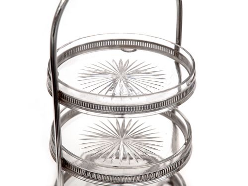 SILVER PLATED THREE TIER CAKE STAND WITH THREE CIRCULAR CLEAR GLASS DISHES - ADDITIONAL PHOTO 2