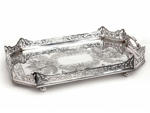 victorian silver plated cut corner gallery tray engraved with butterflies and ferns - CATEGORY: ANTIQUE SILVER - DATED 1880