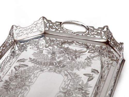 VICTORIAN SILVER PLATED CUT CORNER GALLERY TRAY ENGRAVED WITH BUTTERFLIES AND FERNS - ADDITIONAL PHOTO 1