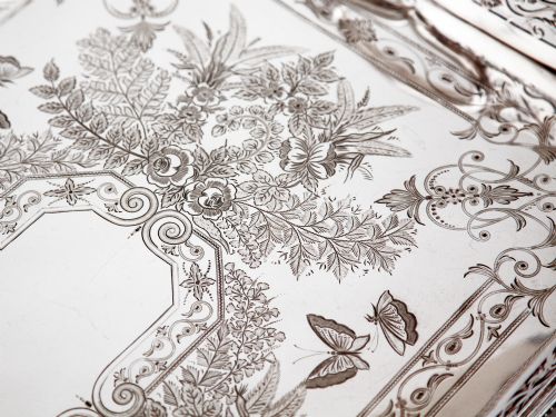 VICTORIAN SILVER PLATED CUT CORNER GALLERY TRAY ENGRAVED WITH BUTTERFLIES AND FERNS - ADDITIONAL PHOTO 2