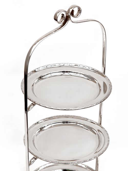 ANTIQUE TALL SILVER PLATED THREE TIER CAKE STAND - ADDITIONAL PHOTO 1