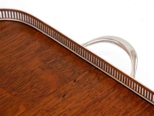 LATE VICTORIAN WALKER HALL OAK AND SILVER PLATE GALLERY TRAY WITH A LOW BAR GALLERY - ADDITIONAL PHOTO 2
