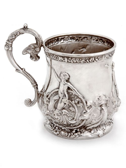 victorian walker hall silver plated christening mug embossed with children playing - CATEGORY: ANTIQUE SILVER - DATED 1890