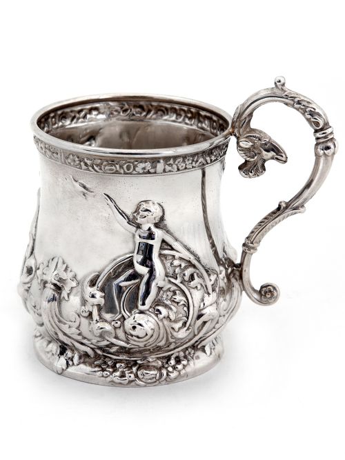 VICTORIAN WALKER HALL SILVER PLATED CHRISTENING MUG EMBOSSED WITH CHILDREN PLAYING - ADDITIONAL PHOTO 1