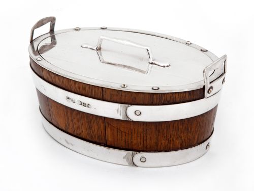 victorian oak and silver plate butter dish with tab handles by thomas harwood - CATEGORY: ANTIQUE SILVER - DATED 1890