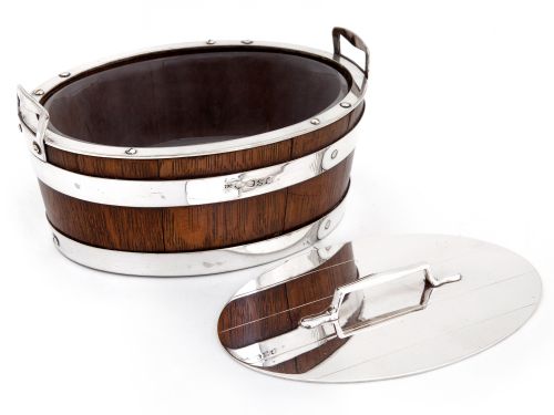 VICTORIAN OAK AND SILVER PLATE BUTTER DISH WITH TAB HANDLES BY THOMAS HARWOOD - ADDITIONAL PHOTO 1