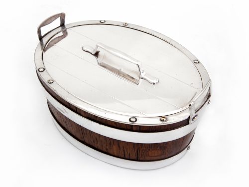 VICTORIAN OAK AND SILVER PLATE BUTTER DISH WITH TAB HANDLES BY THOMAS HARWOOD - ADDITIONAL PHOTO 3