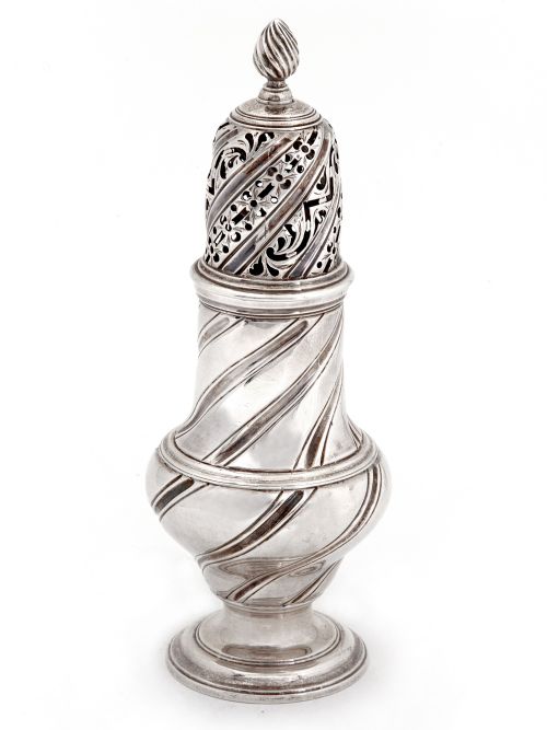 samuel wood 95 troy oz silver sugar caster with a pull off pierced top and finial - CATEGORY: ANTIQUE SILVER - DATED 1750
