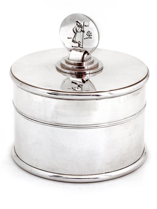 french art deco circular silver plated box with golfing theme finial - CATEGORY: ANTIQUE SILVER - DATED 1930