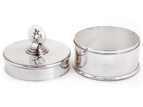 FRENCH ART DECO CIRCULAR SILVER PLATED BOX WITH GOLFING THEME FINIAL - ADDITIONAL PHOTO 1