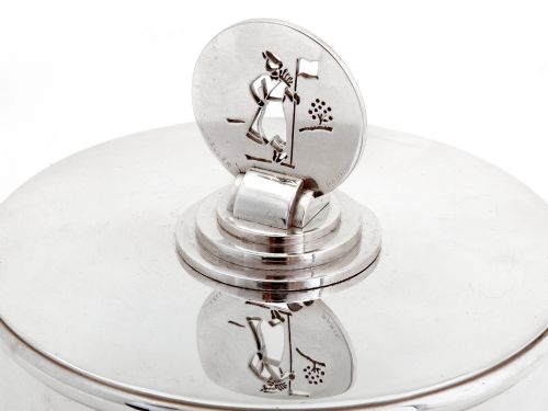 FRENCH ART DECO CIRCULAR SILVER PLATED BOX WITH GOLFING THEME FINIAL - ADDITIONAL PHOTO 2