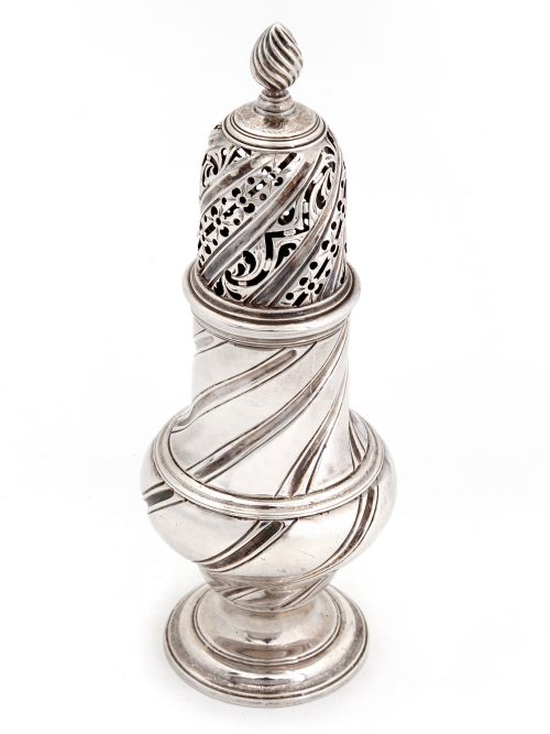 SAMUEL WOOD 95 TROY OZ SILVER SUGAR CASTER WITH A PULL OFF PIERCED TOP AND FINIAL - ADDITIONAL PHOTO 4