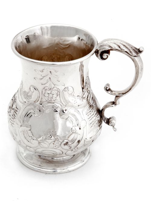 silver plated christening mug chased with rococo flowers and scrolling foliage - CATEGORY: ANTIQUE SILVER - DATED 1890