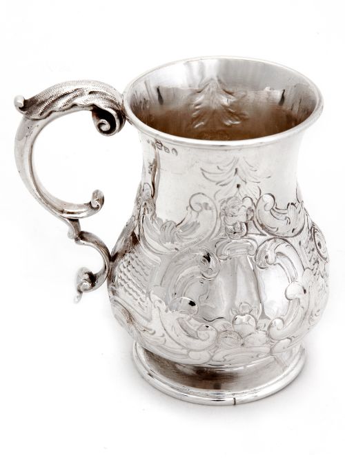 SILVER PLATED CHRISTENING MUG CHASED WITH ROCOCO FLOWERS AND SCROLLING FOLIAGE - ADDITIONAL PHOTO 2