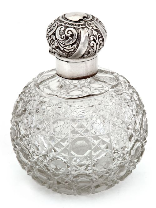 large victorian silver top perfume bottle with a hob cut glass globe shaped body - CATEGORY: ANTIQUE SILVER - DATED 1890