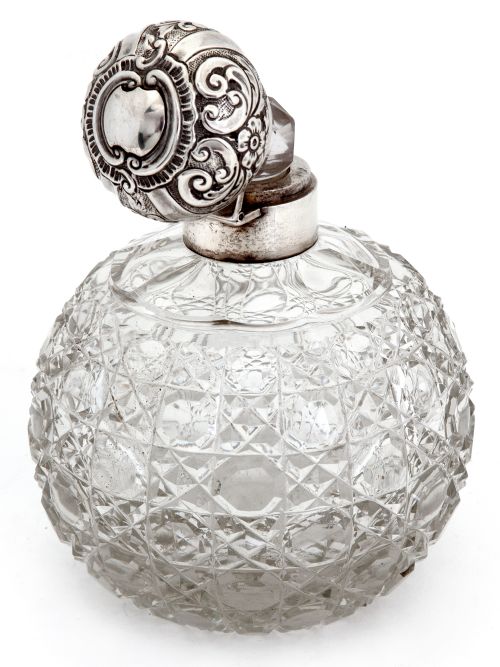 LARGE VICTORIAN SILVER TOP PERFUME BOTTLE WITH A HOB CUT GLASS GLOBE SHAPED BODY - ADDITIONAL PHOTO 1