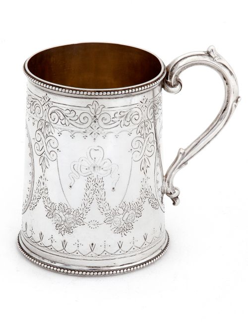 early victorian tapering cylindrical shaped silver christening mug - CATEGORY: ANTIQUE SILVER - DATED 1860
