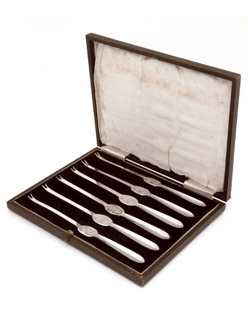 boxed set of six silver plated lobster picks with an engraved lobster motif - CATEGORY: ANTIQUE SILVER - DATED 1940
