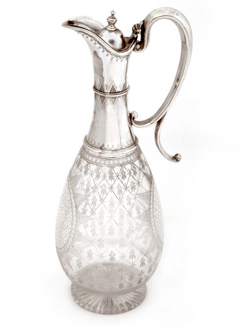 victorian silver claret jug with star cut and oval lattice paneled glass body - CATEGORY: ANTIQUE SILVER - DATED 1870