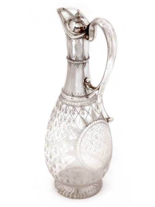 VICTORIAN SILVER CLARET JUG WITH STAR CUT AND OVAL LATTICE PANELED GLASS BODY - ADDITIONAL PHOTO 1