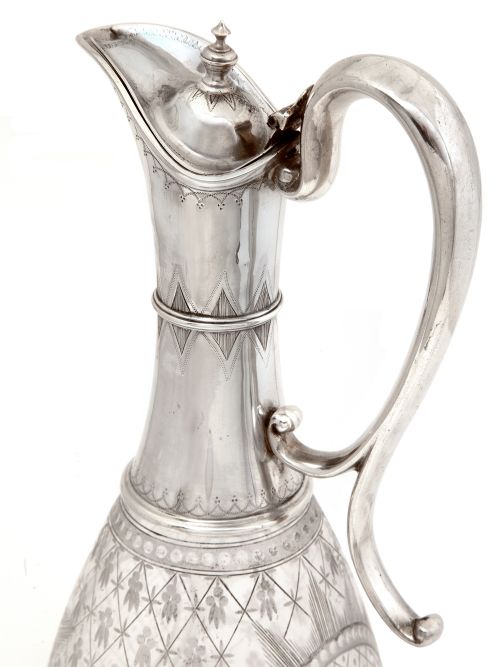 VICTORIAN SILVER CLARET JUG WITH STAR CUT AND OVAL LATTICE PANELED GLASS BODY - ADDITIONAL PHOTO 2