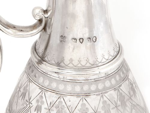 VICTORIAN SILVER CLARET JUG WITH STAR CUT AND OVAL LATTICE PANELED GLASS BODY - ADDITIONAL PHOTO 3