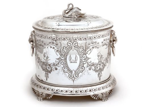 victorian silver plate biscuit box with swan finial and lion mask swing handles - CATEGORY: ANTIQUE SILVER - DATED 1880