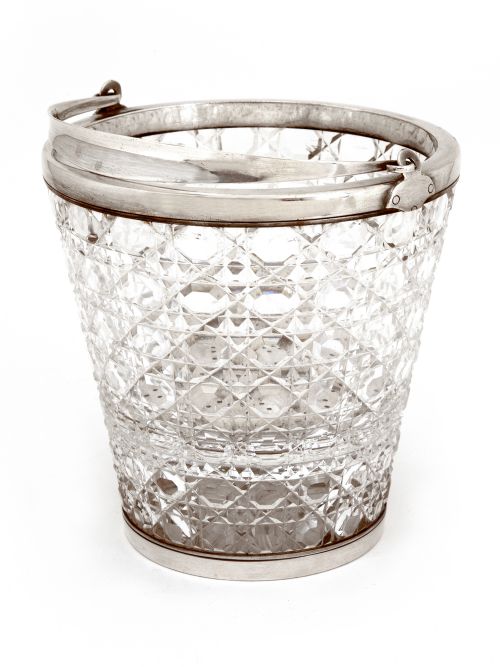 quality silver plate and cut glass ice pail with looped swing handle - CATEGORY: ANTIQUE SILVER - DATED 1900
