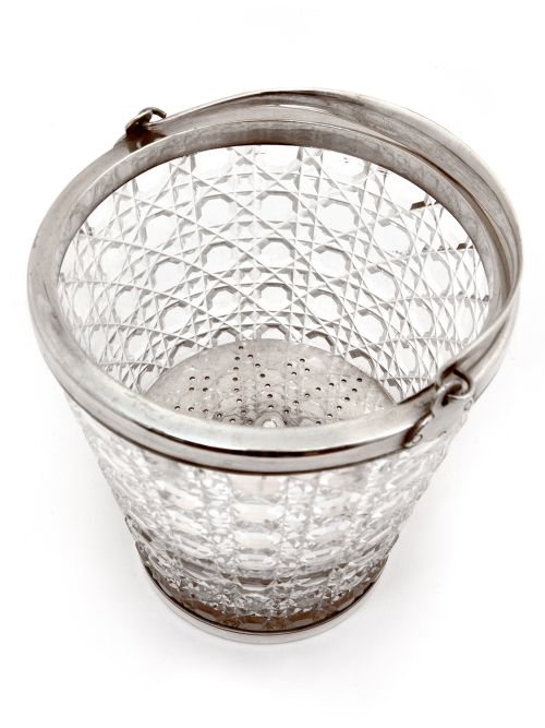 QUALITY SILVER PLATE AND CUT GLASS ICE PAIL WITH LOOPED SWING HANDLE - ADDITIONAL PHOTO 1