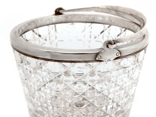 QUALITY SILVER PLATE AND CUT GLASS ICE PAIL WITH LOOPED SWING HANDLE - ADDITIONAL PHOTO 2