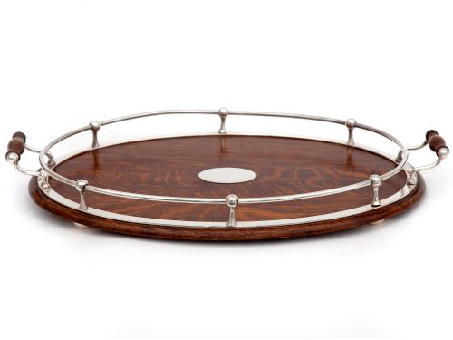 oval oak and silver plate ships style gallery tray with a ball and rail gallery - CATEGORY: ANTIQUE MISCELLANEOUS - DATED 1900
