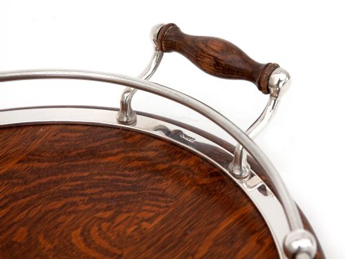 OVAL OAK AND SILVER PLATE SHIPS STYLE GALLERY TRAY WITH A BALL AND RAIL GALLERY - ADDITIONAL PHOTO 1