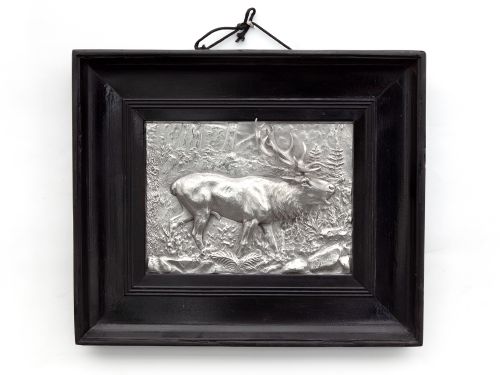 victorian silver plated framed relief of a standing stag - CATEGORY: ANTIQUE MISCELLANEOUS - DATED 1890