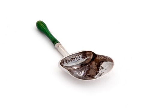 GEORGIAN SILVER TEA CADDY SPOON WITH TURNED DYED GREEN IVORY HANDLE - ADDITIONAL PHOTO 1