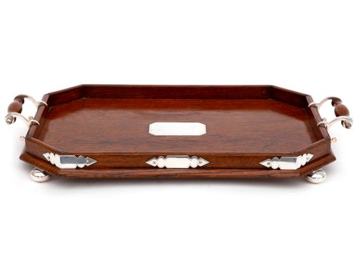 daniel archer oak and silver plated cut corner gallery tray - CATEGORY: ANTIQUE MISCELLANEOUS - DATED 1890