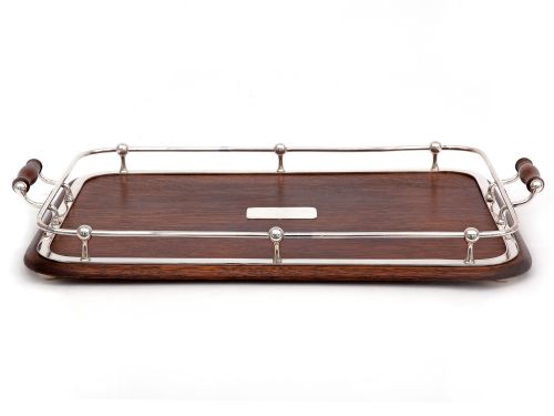 edwardian oak and silver plate rectangular gallery tray - CATEGORY: ANTIQUE MISCELLANEOUS - DATED 1910