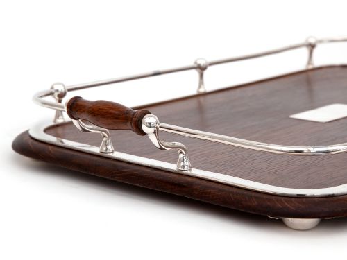 EDWARDIAN OAK AND SILVER PLATE RECTANGULAR GALLERY TRAY - ADDITIONAL PHOTO 2