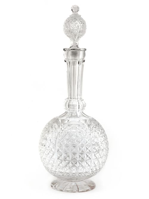 victorian cut glass decanter with a long paneled neck and a deep star cut globe shaped body - CATEGORY: ANTIQUE GLASS - DATED 1890