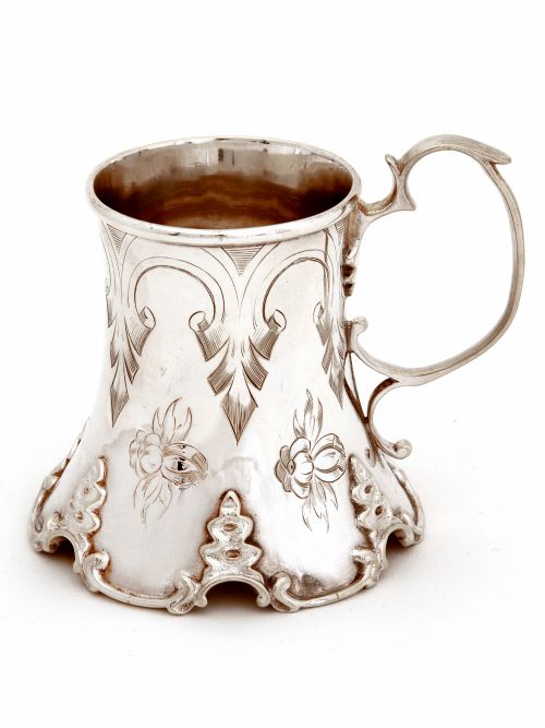victorian silver plated christening mug with a concave body and engraved with flowers - CATEGORY: ANTIQUE SILVER - DATED 1890