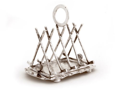 late victorian silver plated golf themed toast rack - CATEGORY: ANTIQUE SILVER - DATED 1900