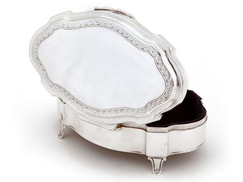 SHAPED SILVER JEWELLERY BOX STANDING ON FOUR SCROLL FEET WITH BLUE VELVET LINING - ADDITIONAL PHOTO 2